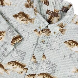 Cafe Luna Shirt Mens L Blue Fish Print Hawaiian‎ Button Down Cotton Resortwear